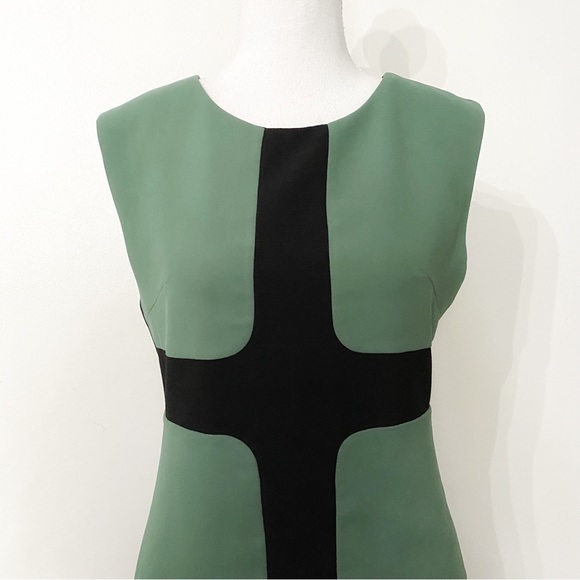 FINE ILLUSION WOOL BLEND BLACK GREEN COLORBLOCK SLEEVELESS SHIFT MINI DRESS S/M - Picture 4 of 12